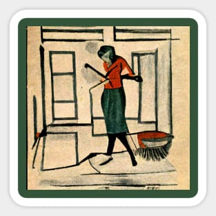 Old fashioned sketch graphic of woman in her house. Sticker